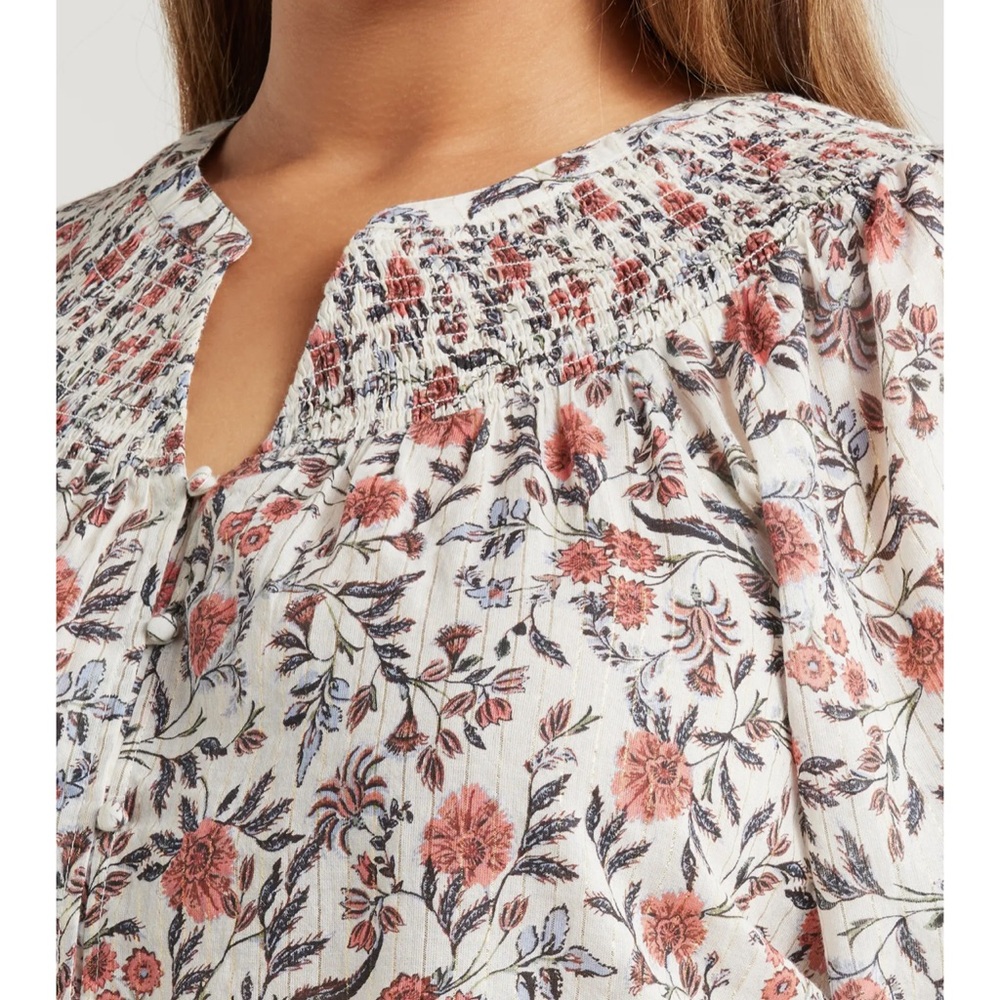 Treasure & Bond Print Smocked Yoke Button-Up Shirt, IVORY- PINK FLEURETTE, 1X/2X - Picture 5 of 9